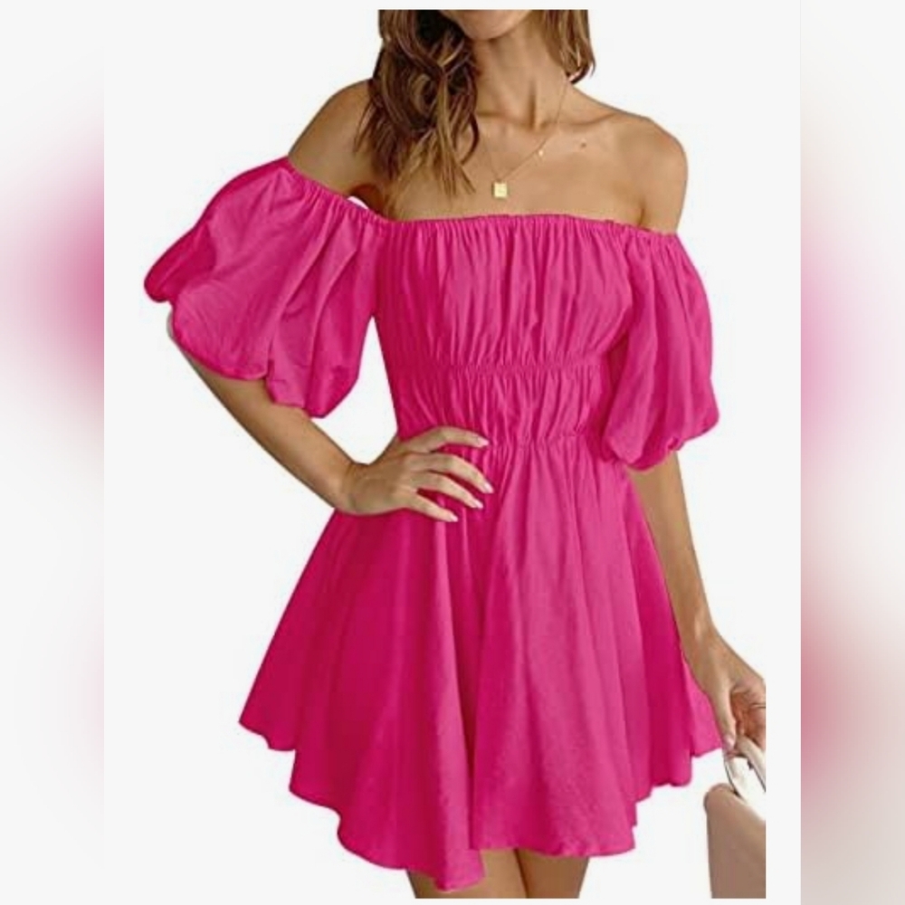 Nwt Hotwy Large Women's Summer Short Dresses Square Neck Puff Sleeve Off Shoulde